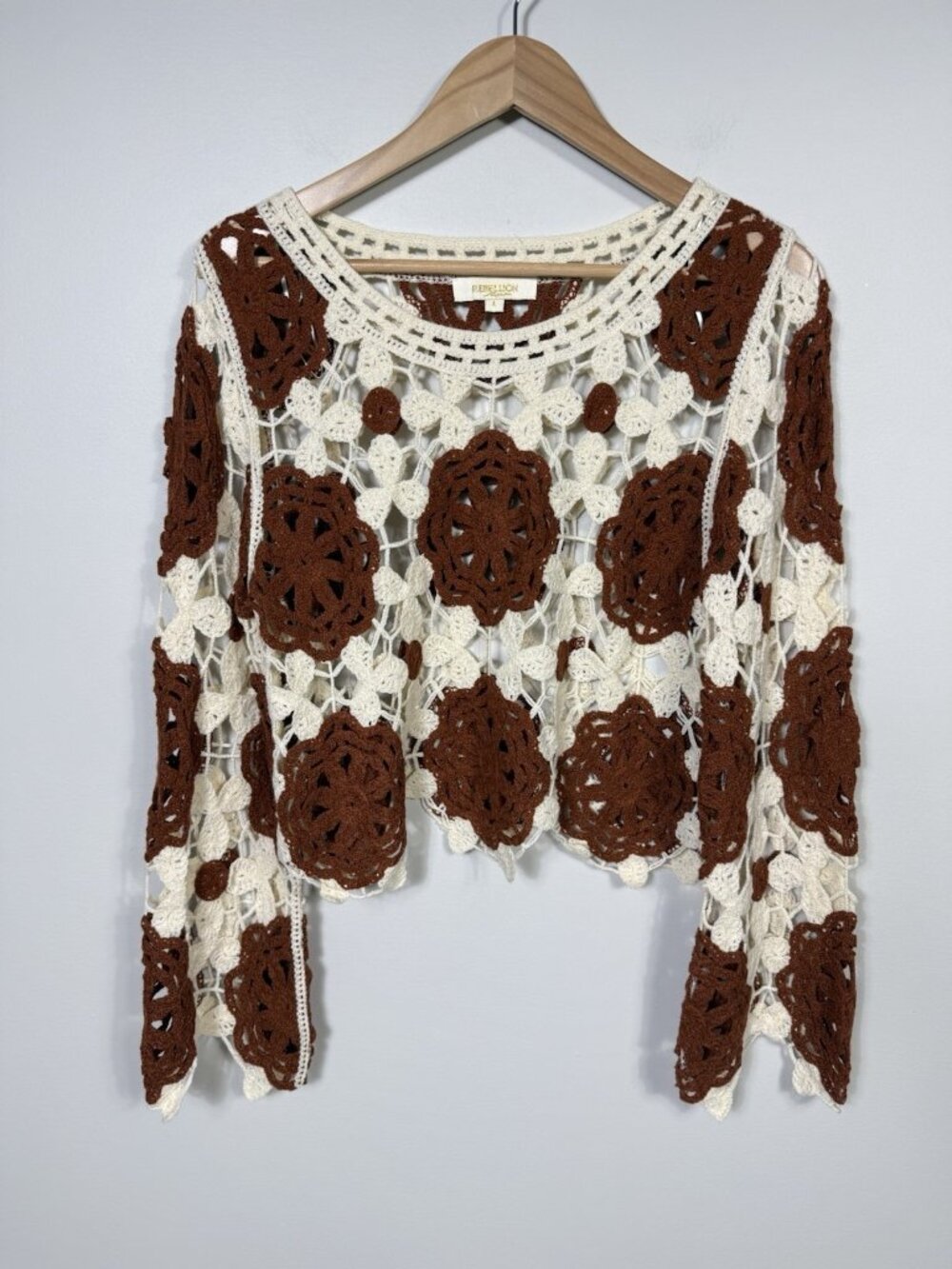 Rebellion Again Crochet Sweater Womens L Brown White Floral Open Boho Festival - Picture 2 of 11